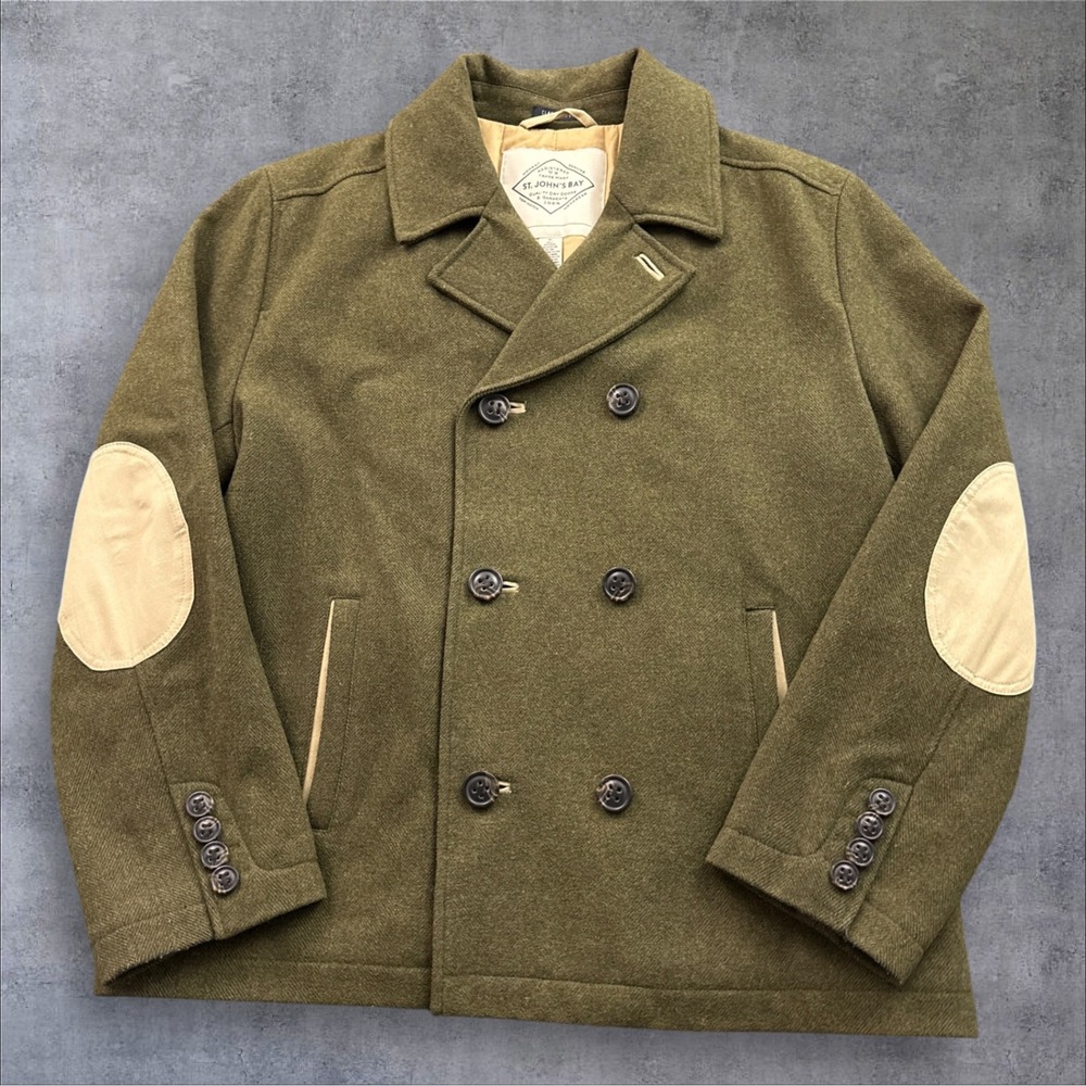 St. Johns Bay Pea Coat Mens XL Olive Green Wool Blend Elbow Patches Jacket